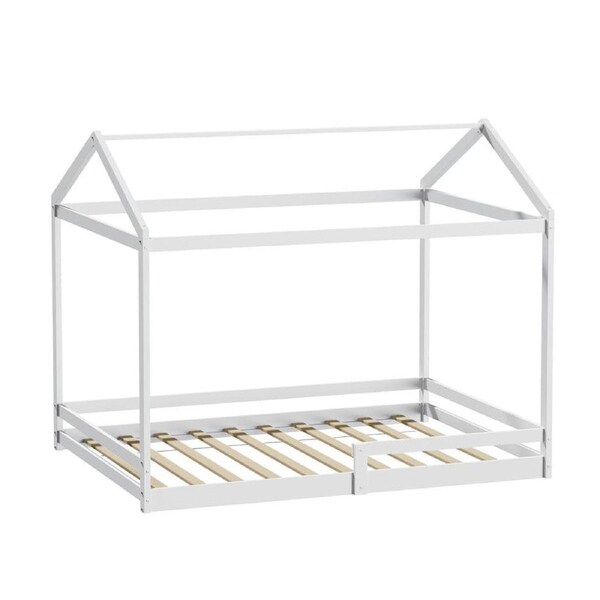 MINA Kids Wooden Bed Frame House Base with Fence Double White