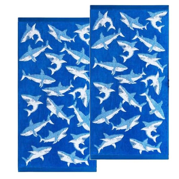 2 Pack Jacquard Velour Kids Beach Towel 75 x 150 cms Shark