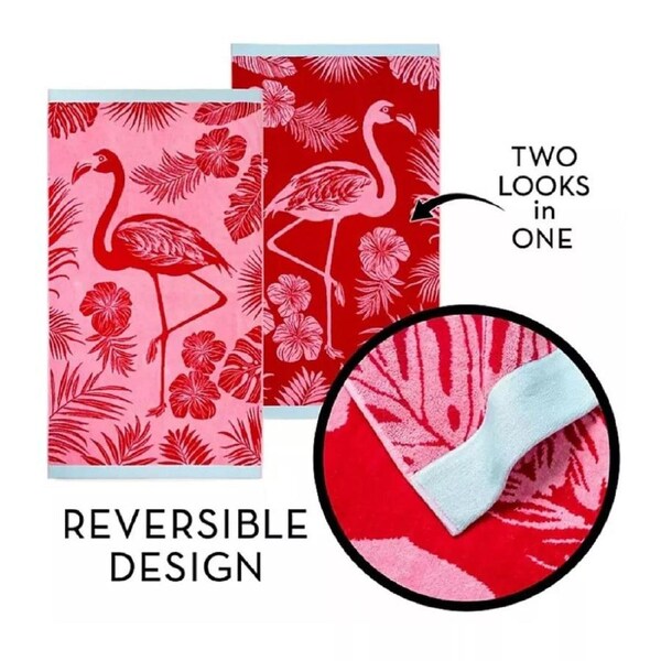 2 Pack Jacquard Velour Large Beach Towel 100 x 180 cms Pink Flamingo