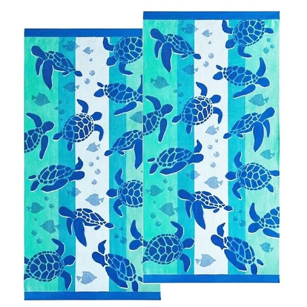 2 Pack Jacquard Velour Kids Beach Towel 75 x 150 cms Sealife Turtles