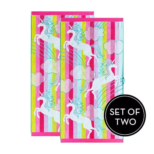 2 Pack Jacquard Velour Kids Beach Towel 75 x 150 cms Unicorn Rainbow