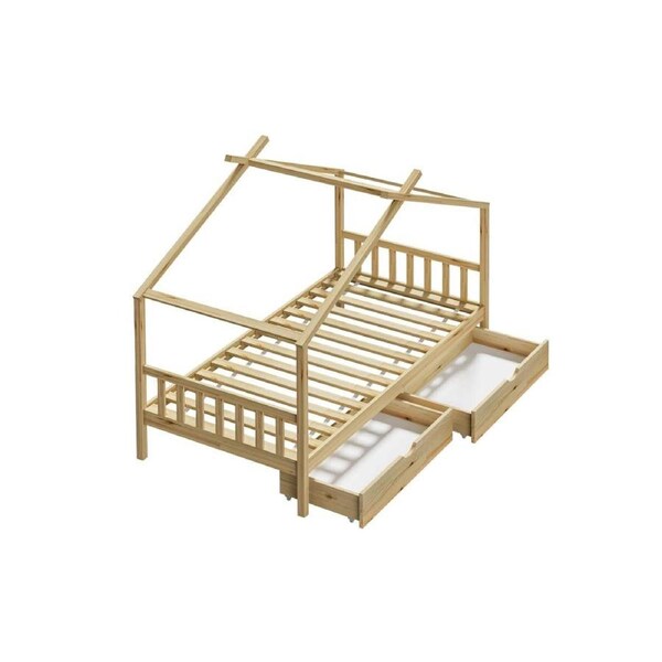 SUNBURY Bed Frame Wooden Kids Timber House Beds - Single - WITH DRAWS