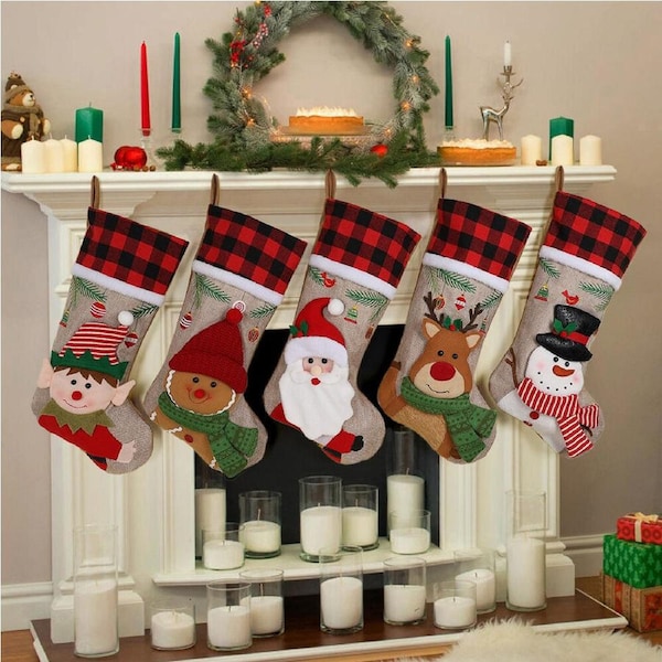 5Pcs Classic Christmas Stockings Elk Snowman Santa Socks Christmas Decorations