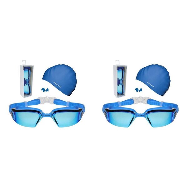 2PK Mirage Lane Master Adult Performance Goggles/Swim Cap/Ear Plugs Pack Blue