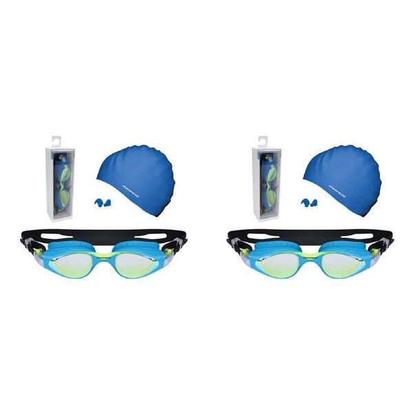 2PK Mirage Vortex Junior Performance Goggles/Swim Cap/Ear Plugs Swim Pack Blue