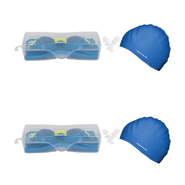 2PK Mirage Junior Kids Goggles/Swim Cap/Ear Plugs Swimming Pack Blue