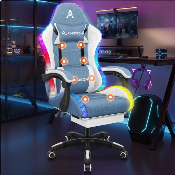 ALFORDSON Gaming Chair Office Massage 12 RGB LED Computer Seat Fabric White Blue