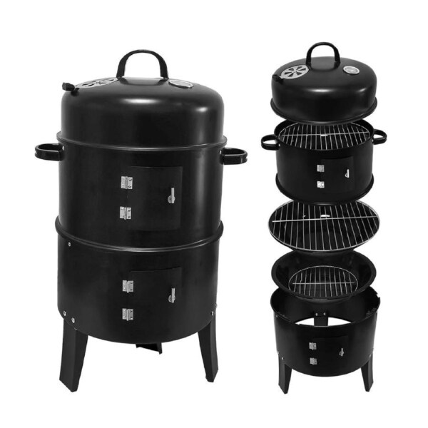 3in1 Portable Charcoal Vertical Smoker BBQ Roaster Grill Steel Water Steamer