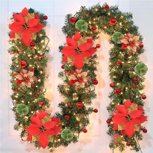 MXLATUU Christmas Garland, 270CM Christmas Wreaths with Battery Operated LED Lights Artificial Flower Vine for Front Door Home Stairs Fireplace Xmas Tree Indoor Outdoor Christmas Decor