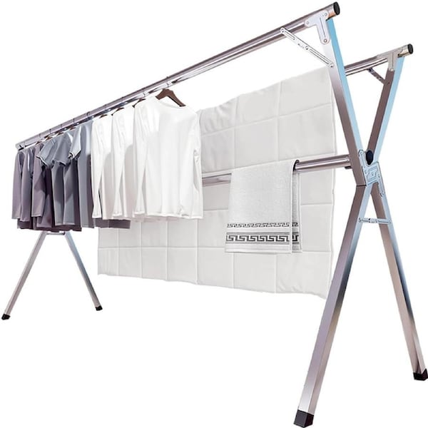 2.4 Meters Drying Rack Clothing Folding Indoor Outdoor, Heavy Duty Stainless Steel Laundry Rack, with 20 Windproof Hooks