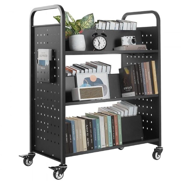 3-Tier Rolling Book Cart Double Sided W-Shaped Shelves Book Truck in Black