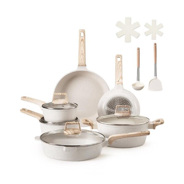 17 Piece Pots and Pans Set Granite Nonstick Kitchen Cookware White