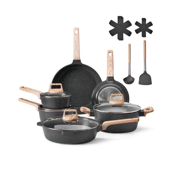 17 Piece Pots and Pans Set Granite Nonstick Kitchen Cookware Black
