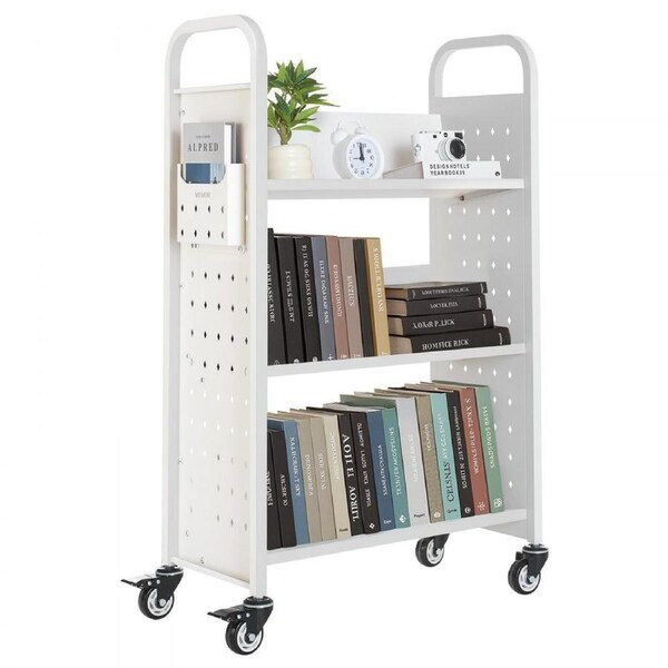 3-Tier Rolling Book Cart Single Sided V-Shaped Shelves Book Truck in White