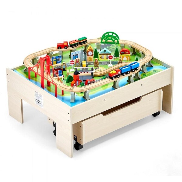 Train Table 100 PCS Wooden Kids Activity Table with Rolling Storage Drawer