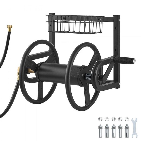Wall Mounted Garden Hose Reel 125ft 5/8 in Metal Hose Reel with Basket
