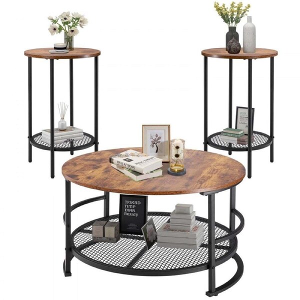 3 Pieces Round Coffee Table Set 80 cm with 2 End Tables for Living Room