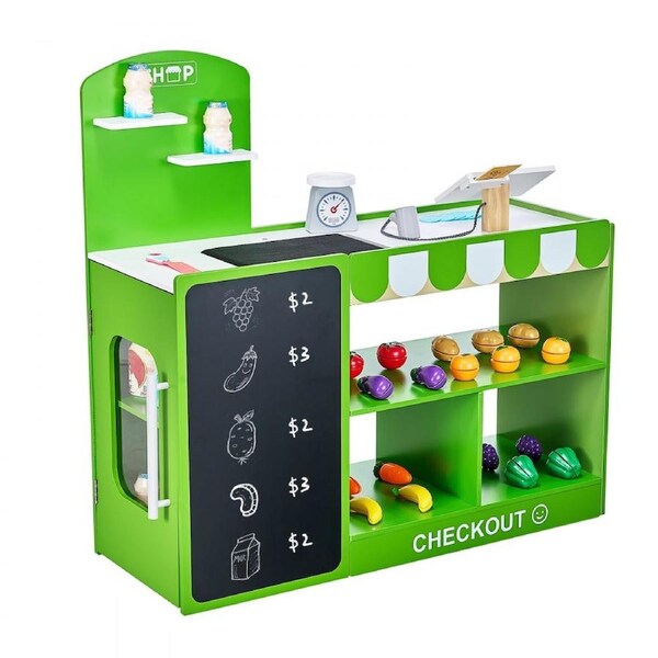 Kids Grocery Store Playset Wooden Play Market Stand with Cash Register