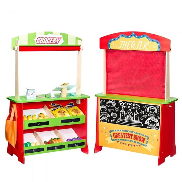 Wooden Puppet Theater 2-in-1 Reversible Play Store Kids Play Market Stand