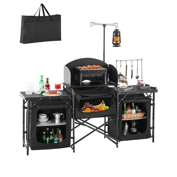 Camping Kitchen Table Portable Outdoor Cook Station Windshield Cupboards