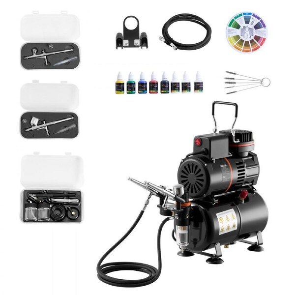 Airbrush Kit Air Brush Kit 1/6 HP Air Compressor 3 Airbrushes 3 Tips Tank