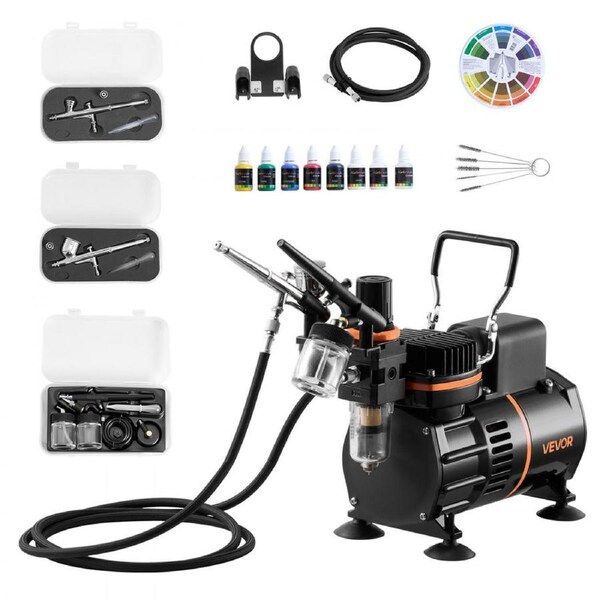 Airbrush Kit Air Brush Kit 1/6 HP Air Compressor 3 Airbrushes 3 Tips 2 Fan