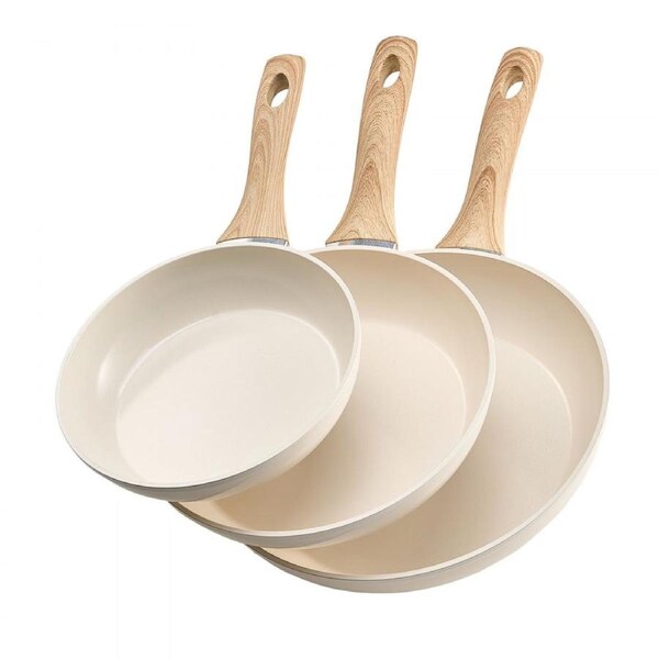 3 Pcs Frying Pan Aluminum Skillet Set 200 240 280 mm Handle Seasoned Beige