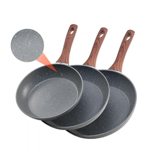 3Pcs Frying Pan Aluminum Skillet Set 250 280 325 mm Nonstick Seasoned Grey