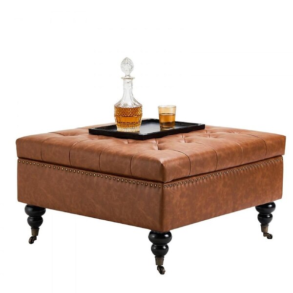80 cm Square Leather Ottoman with Storage Coffee Table for Living Room