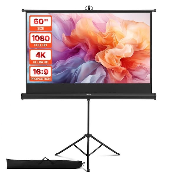 Tripod Projector Screen with Stand 60 Inch 160° Wide Angle 4K HD 16:9