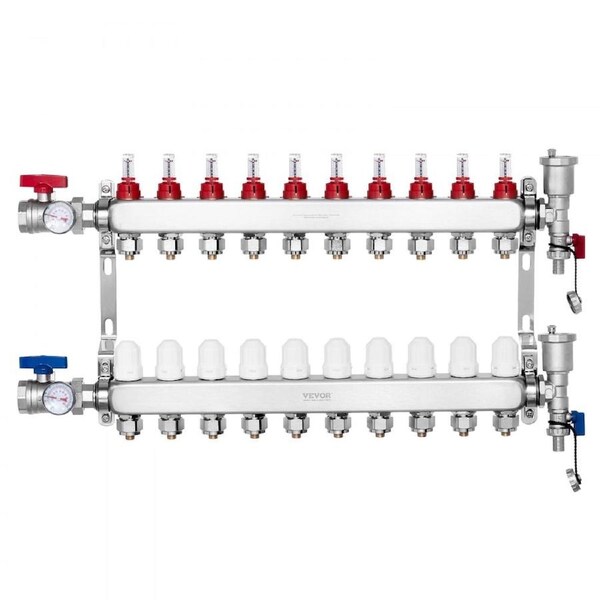 10-Branch Radiant Heat Manifold 1/2" PEX Tubing Floor Heating Manifold Set