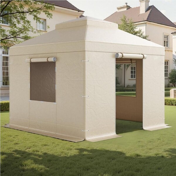 Winter Gazebo Cover Fits 3.05 x 3.05 m Hardtop Gazebos, All-Weather Double-Tiered Gazebo Cover with Sidewalls & Windows, High-Density PE Enclosed Storage Shelter Covers, Gazebos not Included
