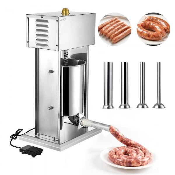 Electric Sausage Stuffer, 22 LBS / 10 L Vertical Meat Stuffer, Stepless Speed Control and Foot Pedal, Stainless Steel Heavy Duty Sausage Filler with 4 Stuffing Tubes, for Commercial & Home Use