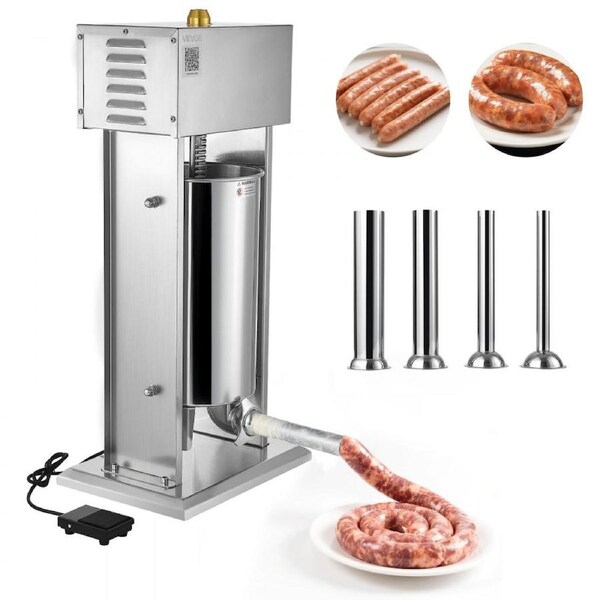Electric Sausage Stuffer, 33 LBS / 15 L Vertical Meat Stuffer, Stepless Speed Control and Foot Pedal, Stainless Steel Heavy Duty Sausage Filler with 4 Stuffing Tubes, for Commercial & Home Use