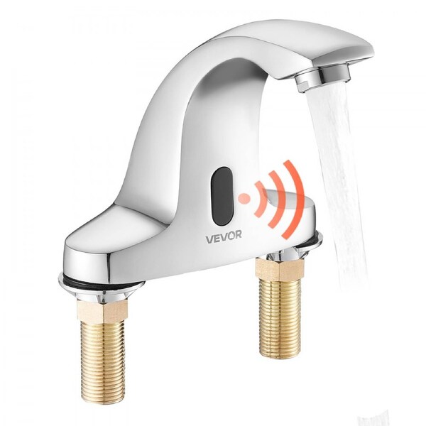 Touchless Bathroom Sink Faucet, Automatic Motion Sensor Restroom Toilet Faucet Cold Water with Hole Cover Plate, Battery Operated for 14.3mm Pipe Commercial Lavatory,Chrome Plated Silver