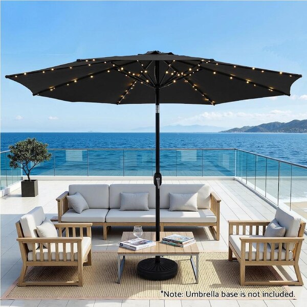 Instahut Outdoor Umbrella 2.9m Market Umbrella with String Light Push Button Tilt Black