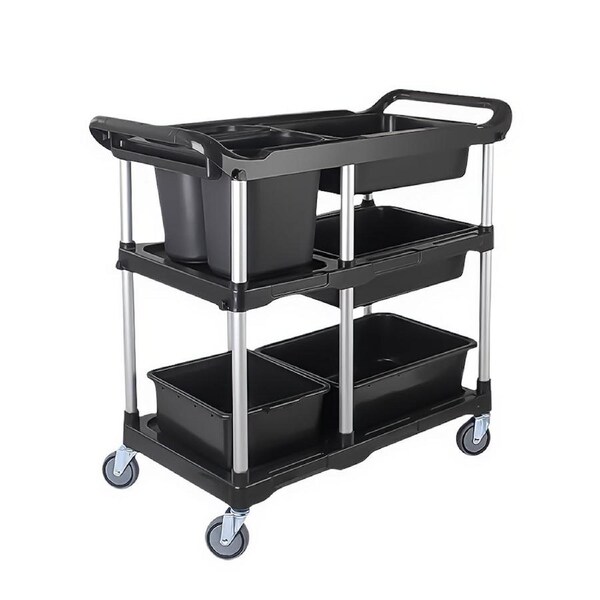 SOGA Black 3-Tier Kitchen Utility Trolley Cart with 5 Buckets