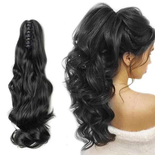 22" Hair Extension Black High Grade Ponytail Ribbon Clamp Claw Wavy Black