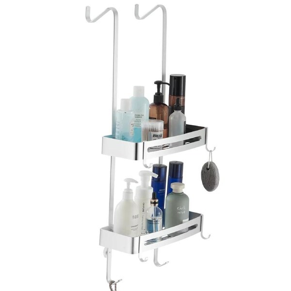 2 Tier Bathroom Shower Caddy Aluminium Alloy Rust Free Waterproof Bath Storage Rack Organizer - Silver Silver