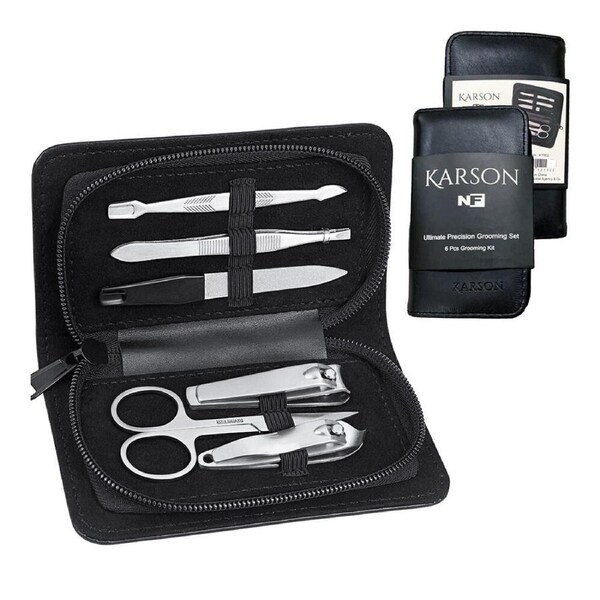 6pc NF Living Karson Grooming Kit 14x8 Set Leather Metal Personal Care