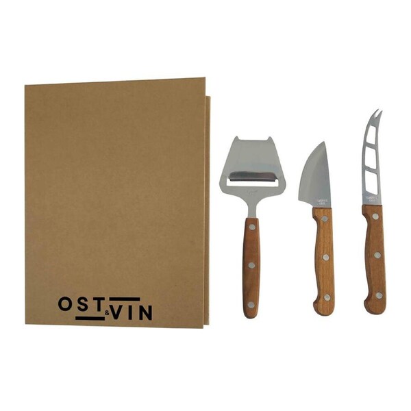 3pc Ost & Vin Cheese Slicer Giftset 19x25 Acacia Wood Steel Cutlery Brown