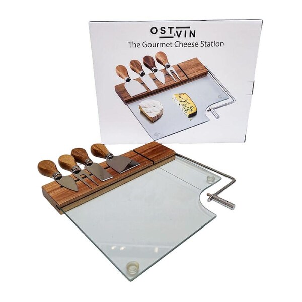 5pc Ost & Vin Glass Wire Cheese Giftset Acacia Wood Steel Kitchen Set Brown