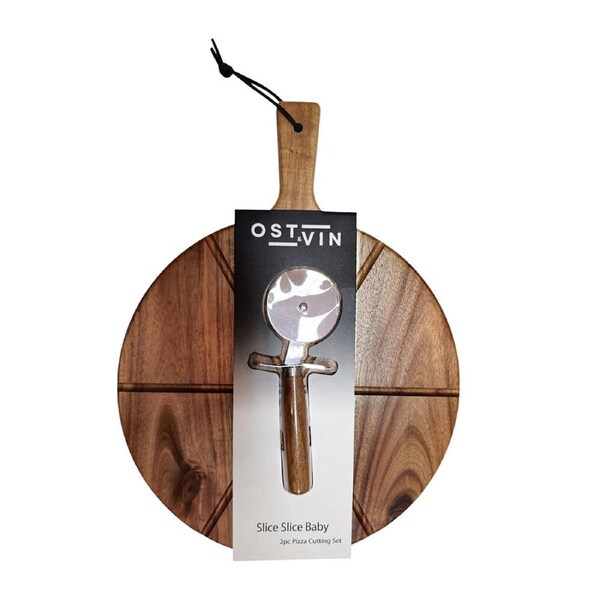 2pc Ost & Vin Pizza Cutter Board Set 42x32x2cm Wood Stainless Steel Brown