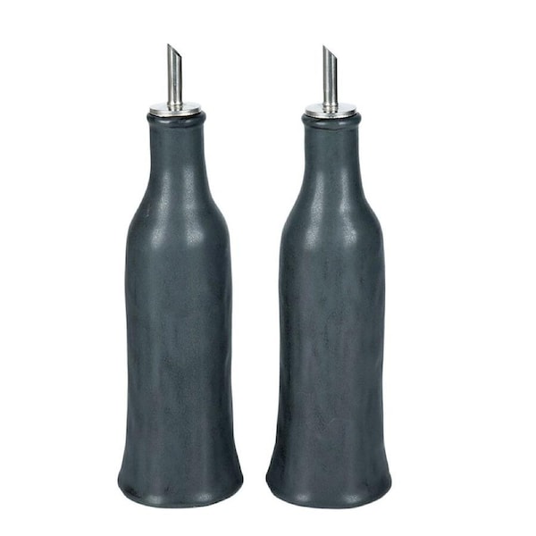 2pc NF Living Oil & Vinegar Set 8x22 Dispenser Stoneware Kitchenware Charcoal