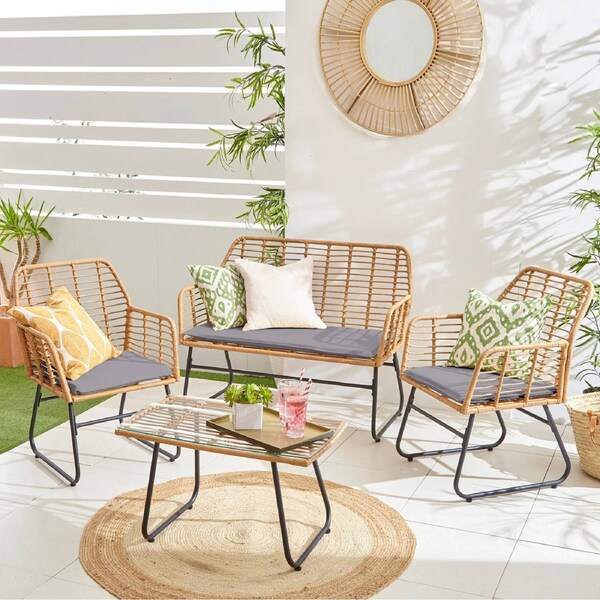 ACA Outdoor Furniture Sofa Set 4 Piece Rattan Lounge Set Table Chairs Light Wood & Grey