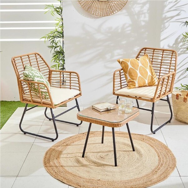 ACA 3pcs Outdoor Furniture Lounge Set Chair Table Rattan Patio Garden Light Wood & Beige