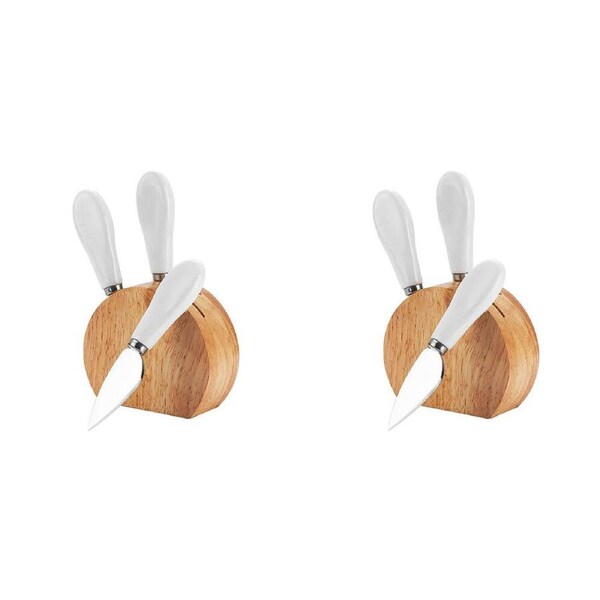 2PK NF Living Rubber Wood Block Set 10x4x8.5 Cheese Knife Kitchen Storage Beige