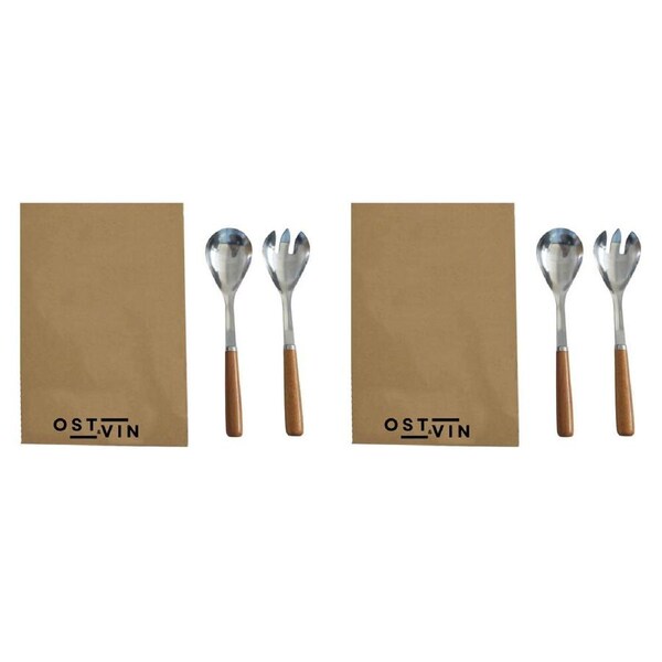 2x 2pc Ost & Vin Salad Servers GiftSet 24x6 Stainless Steel Wood Serveware Brown