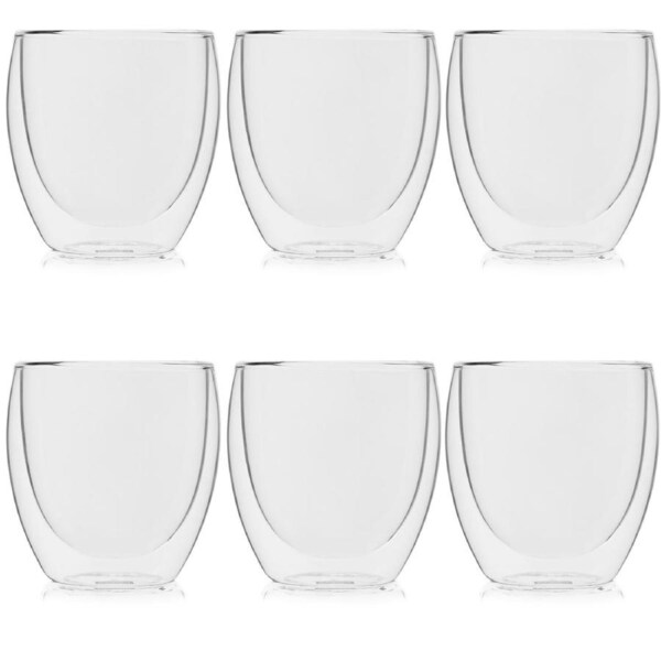 Set of 6 Double Wall Insulated Glass Coffee Cups 250ml Heat Resistant Tea Espresso Latte Mugs for Home Office Cafe Use