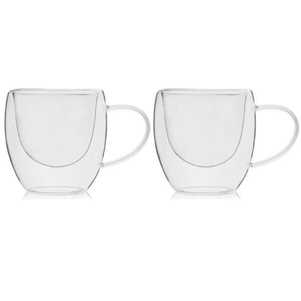 Set of 2 Double Wall Glass Coffee Cups 200ml Insulated Tea Mugs with Handle for Hot Cold Drinks, Clear Heat Resistant